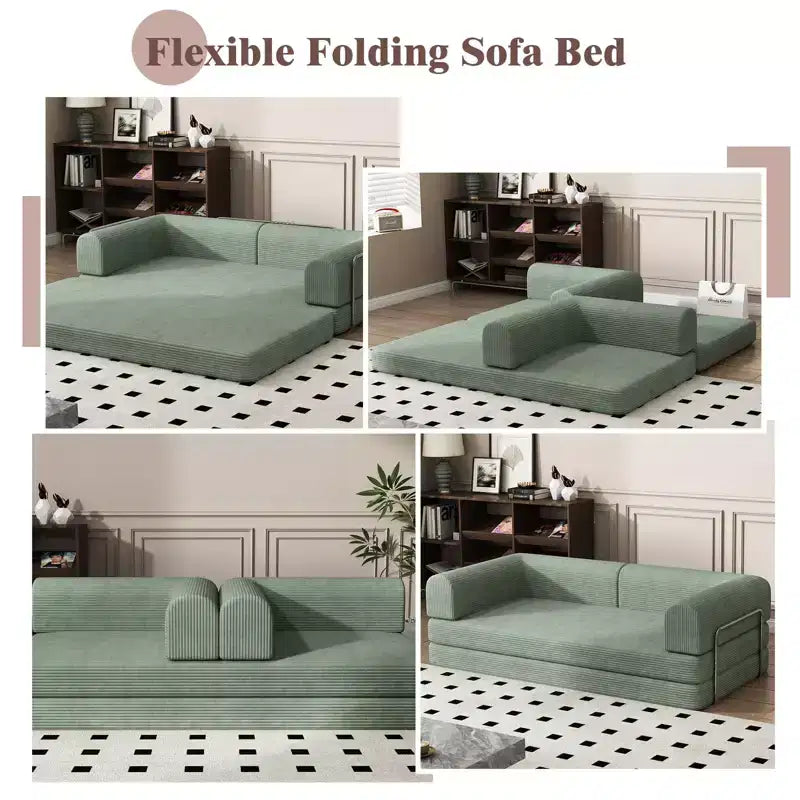 Convertible Corduroy Sleeper Sofa Bed, 3 Seater Folding Mattress Couch, No Assembly Floor Futon for Living Room Dorm Studio