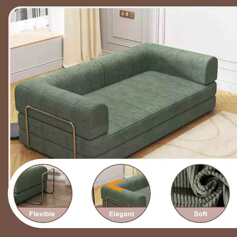 Convertible Corduroy Sleeper Sofa Bed, 3 Seater Folding Mattress Couch, No Assembly Floor Futon for Living Room Dorm Studio