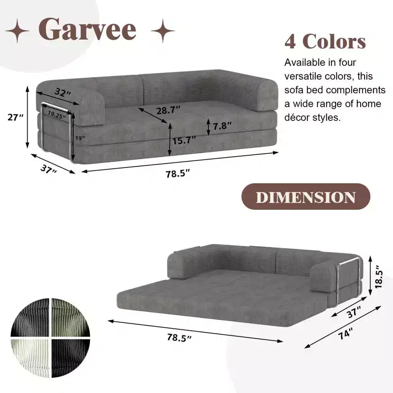 Convertible Corduroy Sleeper Sofa Bed, 3 Seater Folding Mattress Couch, No Assembly Floor Futon for Living Room Dorm Studio