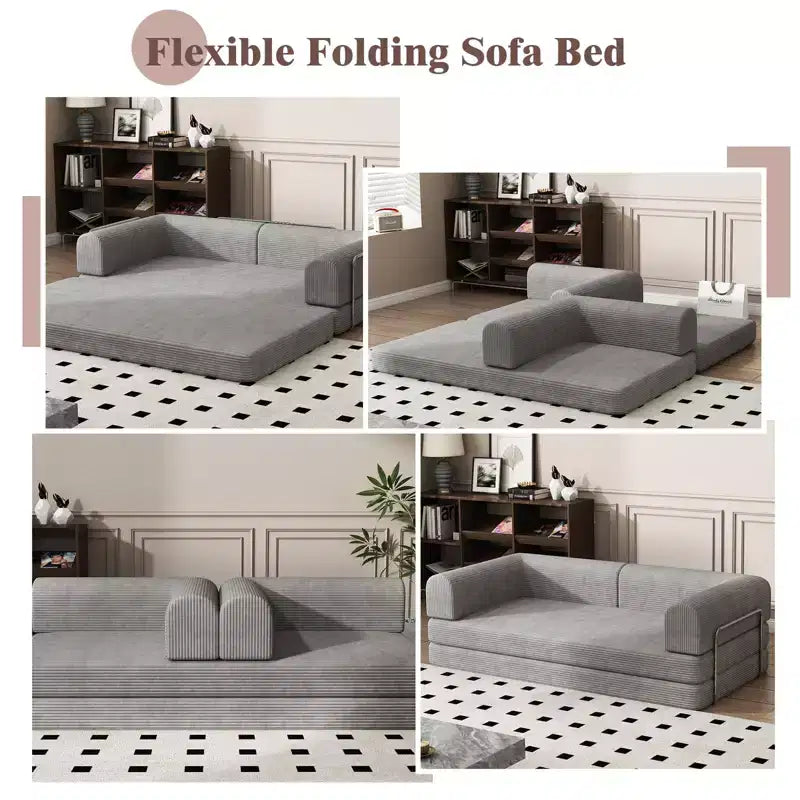 Convertible Corduroy Sleeper Sofa Bed, 3 Seater Folding Mattress Couch, No Assembly Floor Futon for Living Room Dorm Studio