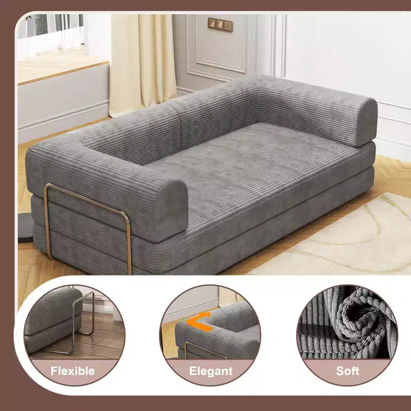 Convertible Corduroy Sleeper Sofa Bed, 3 Seater Folding Mattress Couch, No Assembly Floor Futon for Living Room Dorm Studio