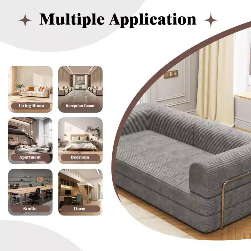 Convertible Corduroy Sleeper Sofa Bed, 3 Seater Folding Mattress Couch, No Assembly Floor Futon for Living Room Dorm Studio