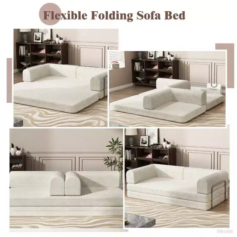 Convertible Corduroy Sleeper Sofa Bed, 3 Seater Folding Mattress Couch, No Assembly Floor Futon for Living Room Dorm Studio