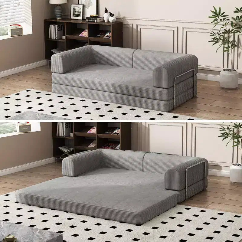 Convertible Corduroy Sleeper Sofa Bed, 3 Seater Folding Mattress Couch, No Assembly Floor Futon for Living Room Dorm Studio