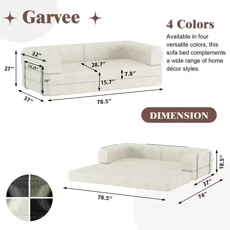 Convertible Corduroy Sleeper Sofa Bed, 3 Seater Folding Mattress Couch, No Assembly Floor Futon for Living Room Dorm Studio