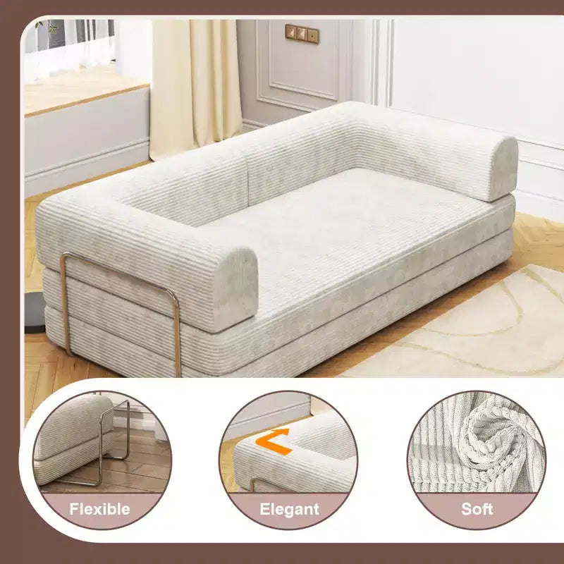 Convertible Corduroy Sleeper Sofa Bed, 3 Seater Folding Mattress Couch, No Assembly Floor Futon for Living Room Dorm Studio