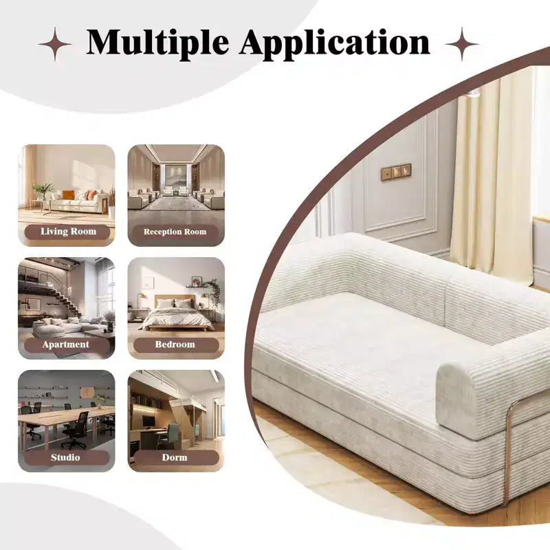 Convertible Corduroy Sleeper Sofa Bed, 3 Seater Folding Mattress Couch, No Assembly Floor Futon for Living Room Dorm Studio