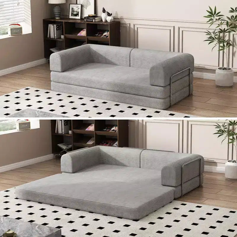 Convertible Corduroy Sleeper Sofa Bed, 3 Seater Folding Mattress Couch, No Assembly Floor Futon for Living Room Dorm Studio