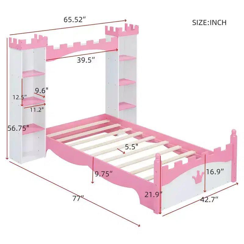 Castle Wooden Bed with Storage Shelf Dreamy Twin Size Platform Bed for Kids White Pink