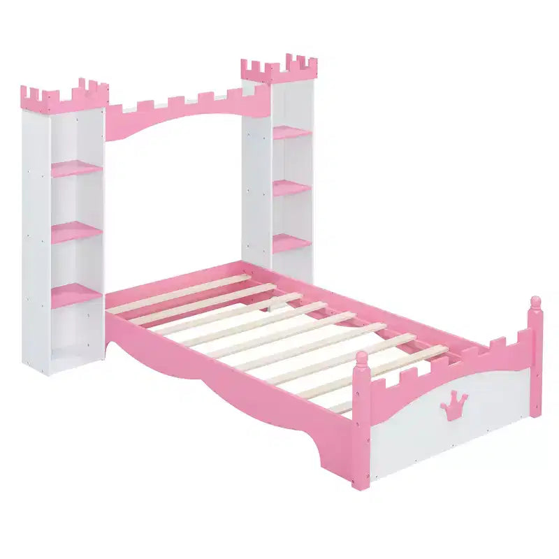 Castle Wooden Bed with Storage Shelf Dreamy Twin Size Platform Bed for Kids White Pink
