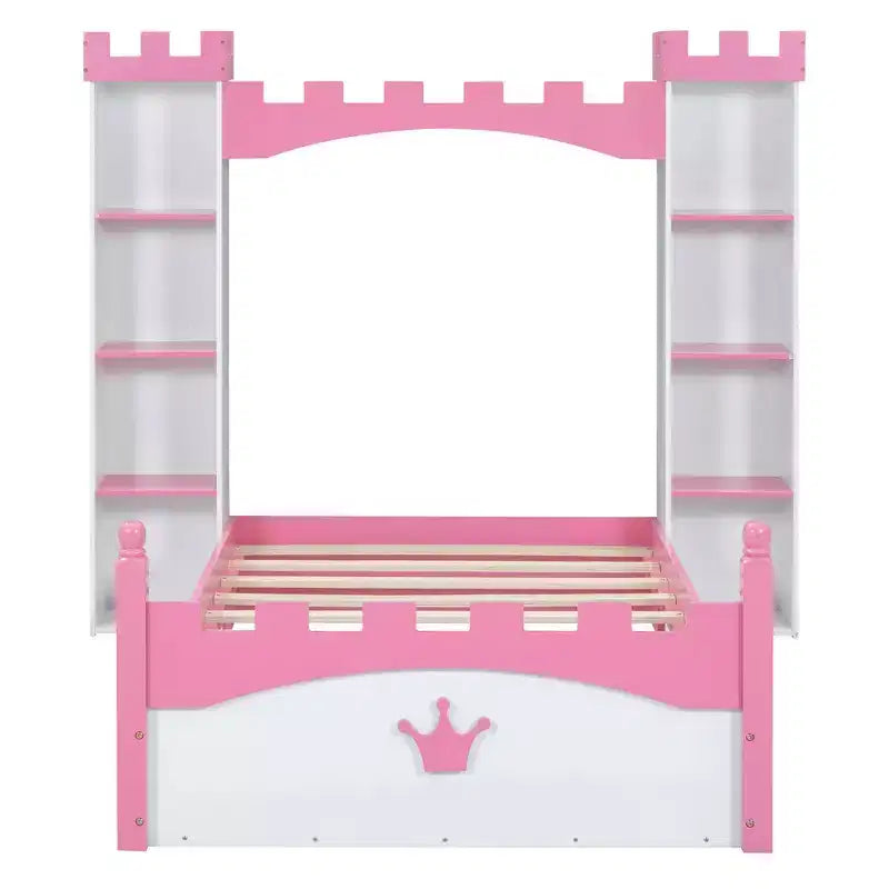 Castle Wooden Bed with Storage Shelf Dreamy Twin Size Platform Bed for Kids White Pink