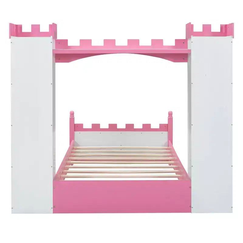 Castle Wooden Bed with Storage Shelf Dreamy Twin Size Platform Bed for Kids White Pink