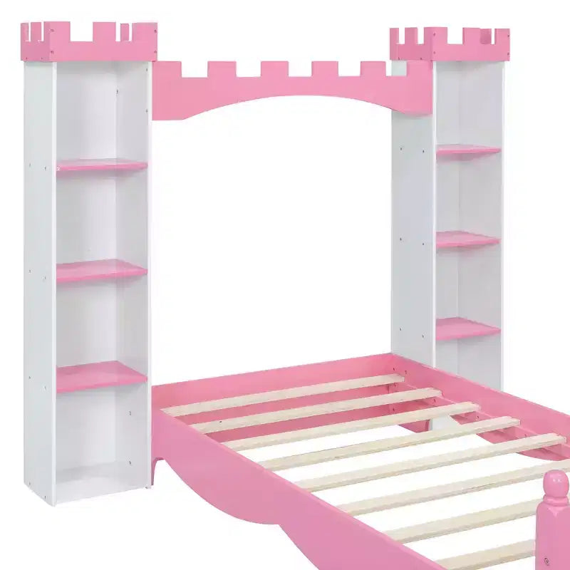 Castle Wooden Bed with Storage Shelf Dreamy Twin Size Platform Bed for Kids White Pink