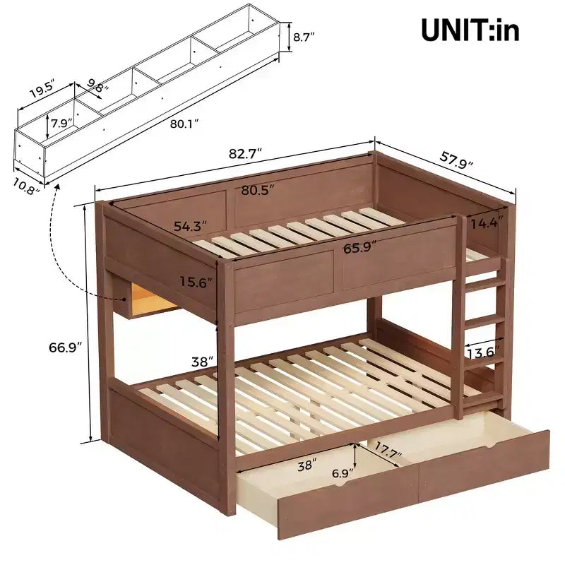 Full XL over Full XL Bunk Bed with Storage Cabinets and 2 Drawers