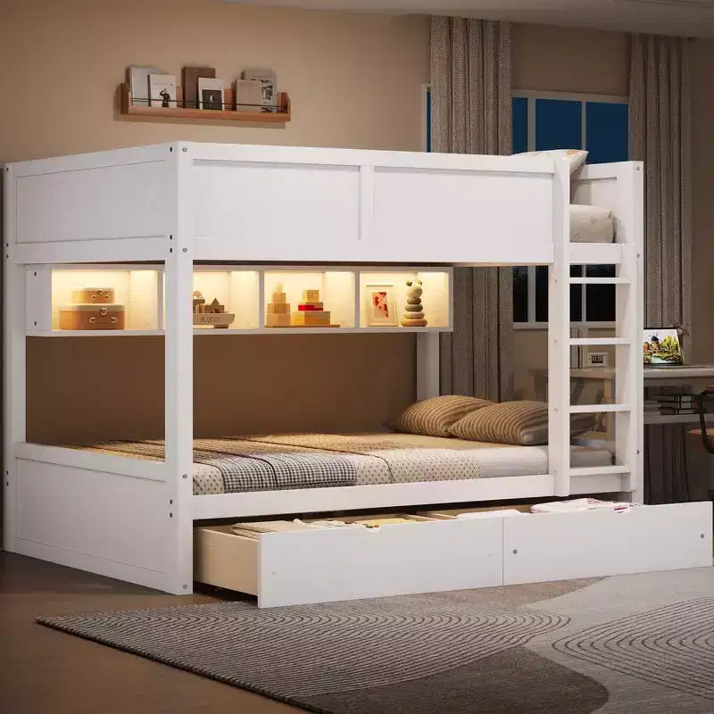 Full XL over Full XL Bunk Bed with Storage Cabinets and 2 Drawers