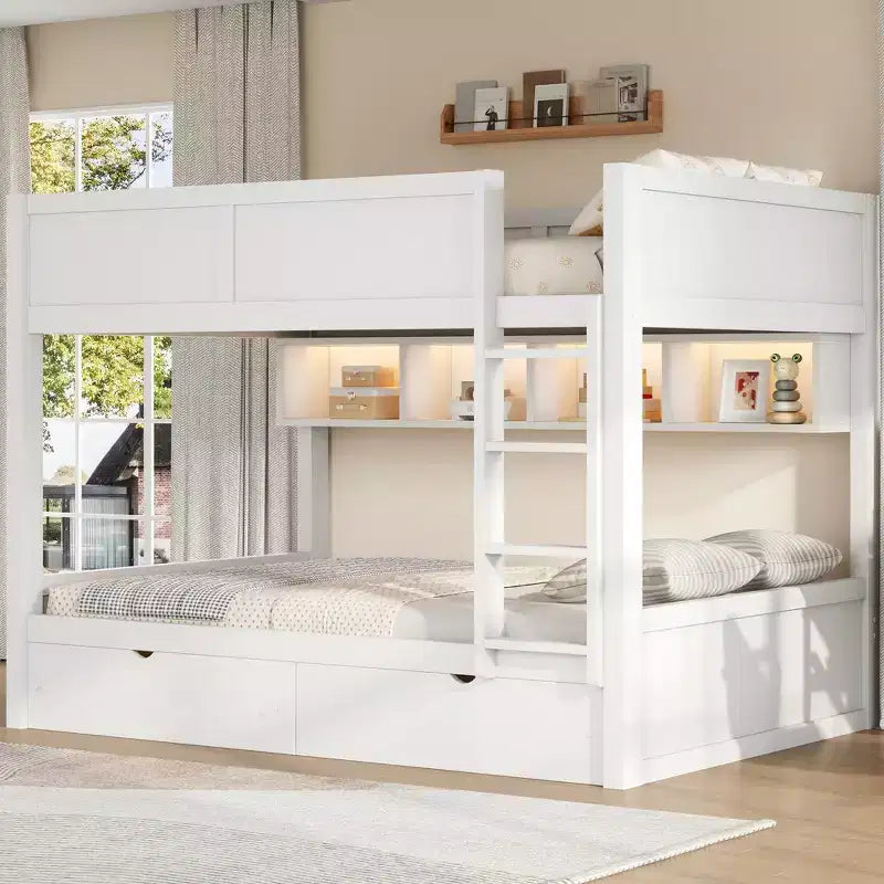 Full XL over Full XL Bunk Bed with Storage Cabinets and 2 Drawers