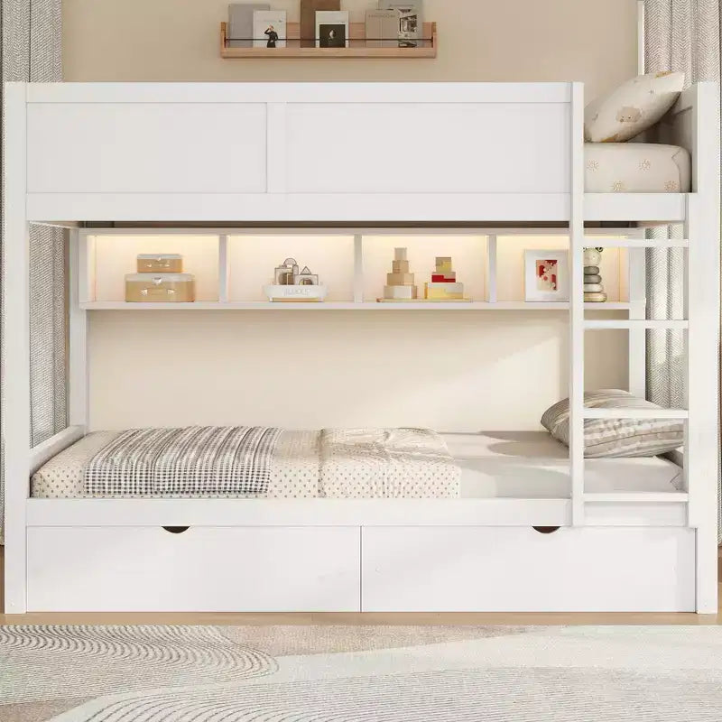 Full XL over Full XL Bunk Bed with Storage Cabinets and 2 Drawers