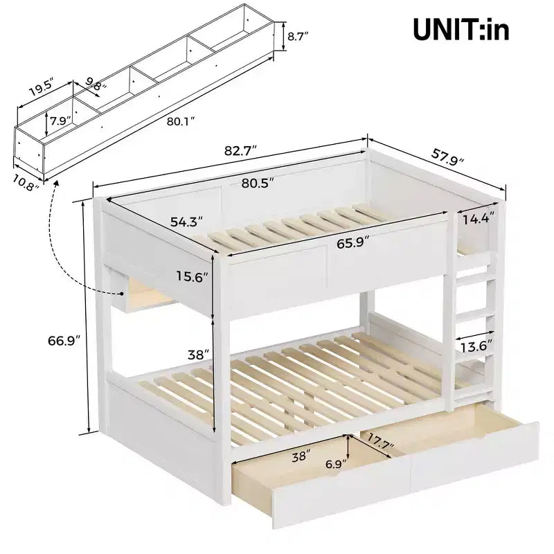 Full XL over Full XL Bunk Bed with Storage Cabinets and 2 Drawers