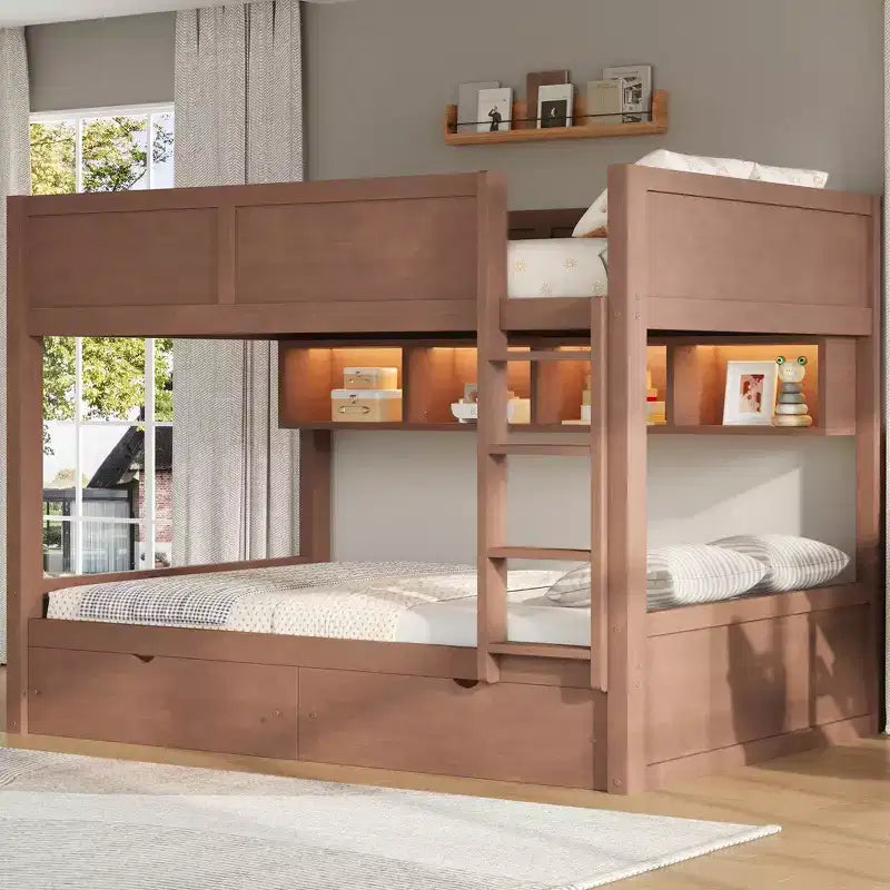 Full XL over Full XL Bunk Bed with Storage Cabinets and 2 Drawers
