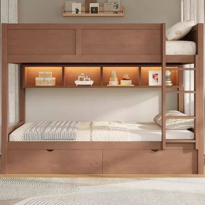 Full XL over Full XL Bunk Bed with Storage Cabinets and 2 Drawers