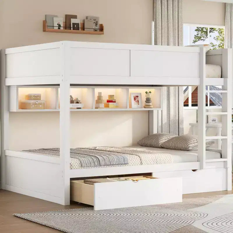 Full XL over Full XL Bunk Bed with Storage Cabinets and 2 Drawers