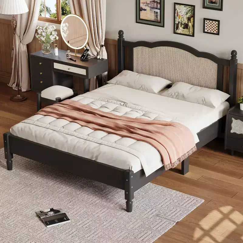 Queen Size Wooden Platform Bed with Natural Rattan Headboard Vintage Bed Frame with Wooden Slat Black
