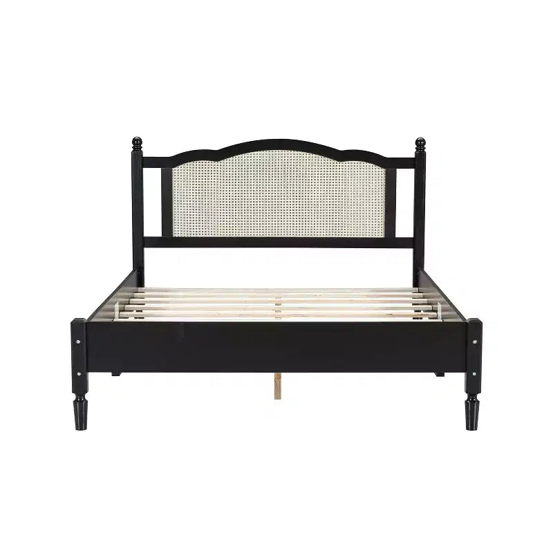 Queen Size Wooden Platform Bed with Natural Rattan Headboard Vintage Bed Frame with Wooden Slat Black