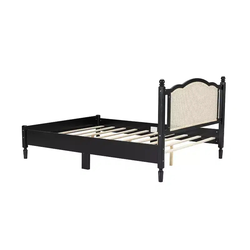 Queen Size Wooden Platform Bed with Natural Rattan Headboard Vintage Bed Frame with Wooden Slat Black