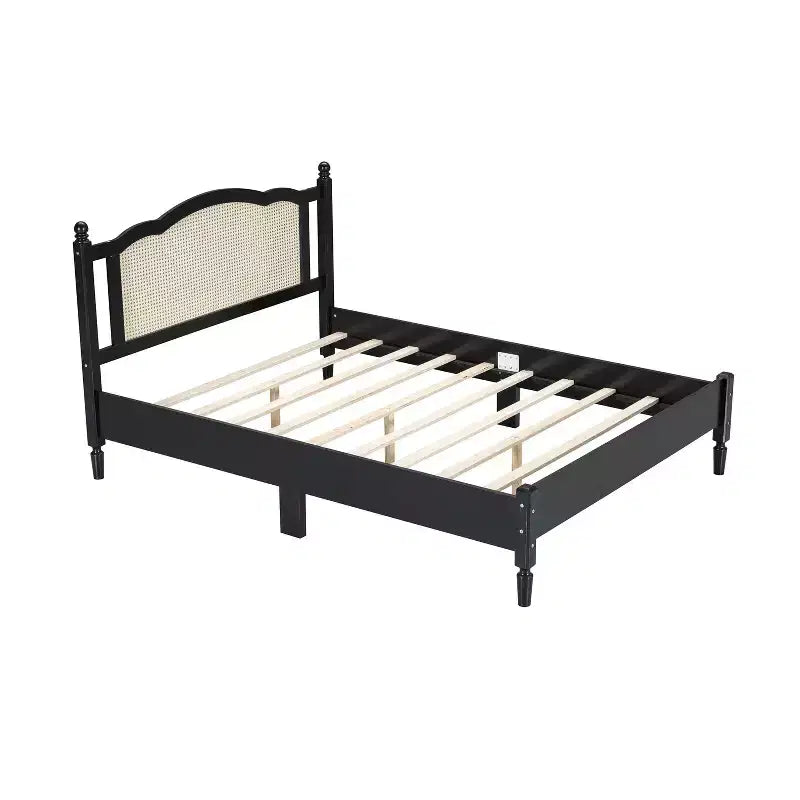 Queen Size Wooden Platform Bed with Natural Rattan Headboard Vintage Bed Frame with Wooden Slat Black