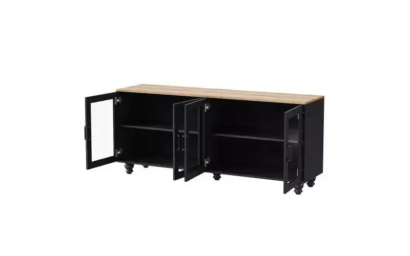 63-inch Farmhouse-Style Adjustable Shelf TV Stand for TVs 70 inches and under; Features tempered glass doors; Ideal for living rooms; Black