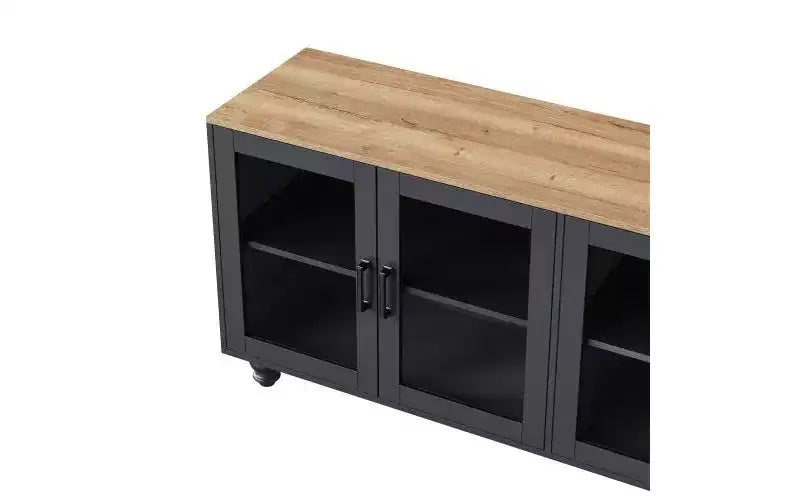 63-inch Farmhouse-Style Adjustable Shelf TV Stand for TVs 70 inches and under; Features tempered glass doors; Ideal for living rooms; Black