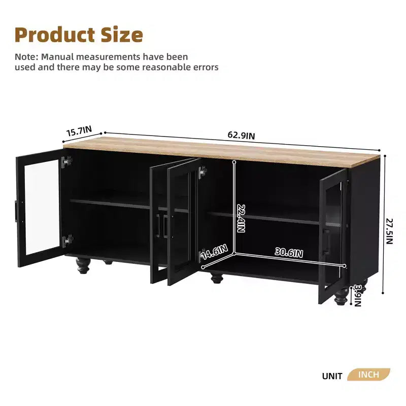 63-inch Farmhouse-Style Adjustable Shelf TV Stand for TVs 70 inches and under; Features tempered glass doors; Ideal for living rooms; Black