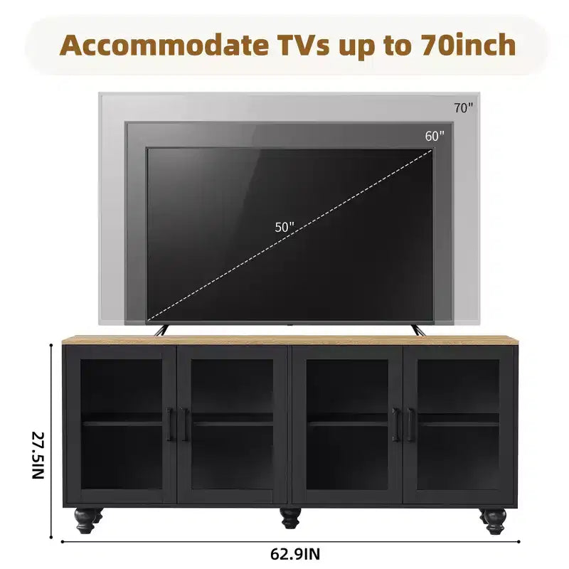 63-inch Farmhouse-Style Adjustable Shelf TV Stand for TVs 70 inches and under; Features tempered glass doors; Ideal for living rooms; Black