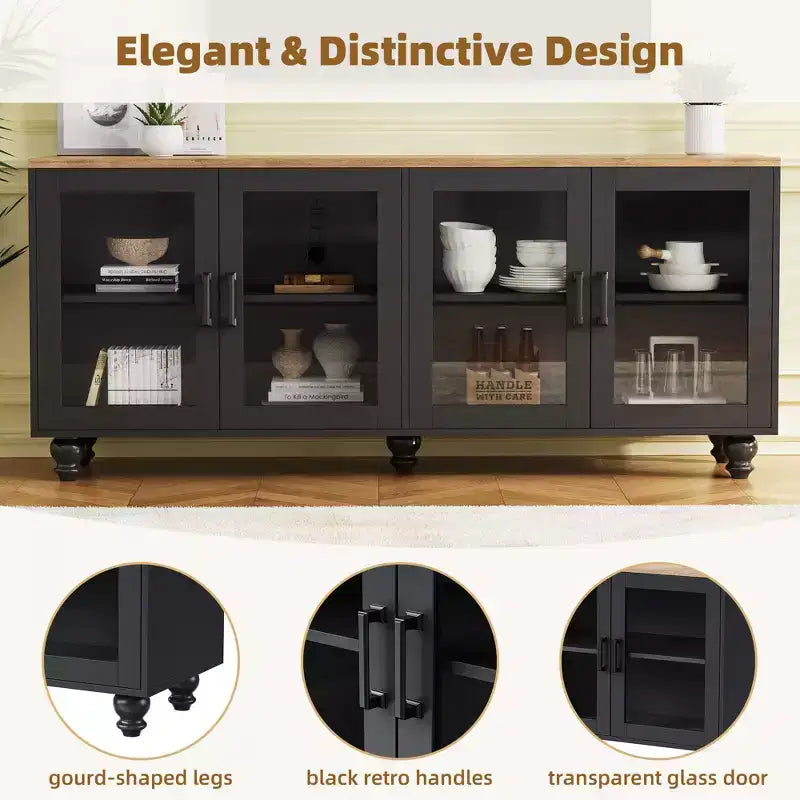 63-inch Farmhouse-Style Adjustable Shelf TV Stand for TVs 70 inches and under; Features tempered glass doors; Ideal for living rooms; Black