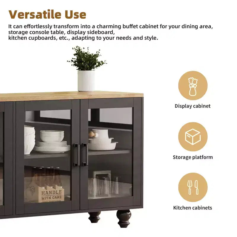 63-inch Farmhouse-Style Adjustable Shelf TV Stand for TVs 70 inches and under; Features tempered glass doors; Ideal for living rooms; Black
