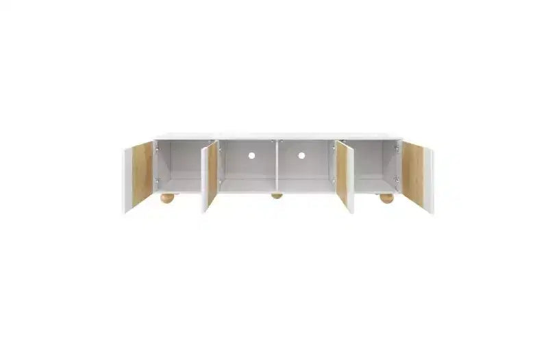 69-inch Farmhouse-Style TV Stand with Recoil Mechanism Accommodates TVs up to 75 inches 5 Solid Wood Legs Ideal for Living Rooms White
