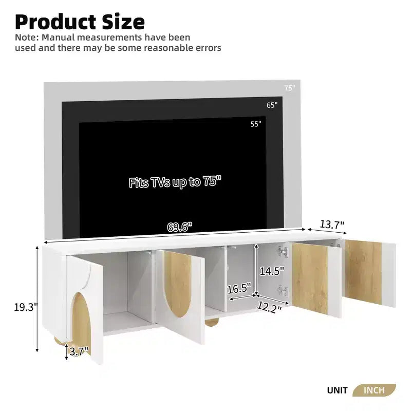 69-inch Farmhouse-Style TV Stand with Recoil Mechanism Accommodates TVs up to 75 inches 5 Solid Wood Legs Ideal for Living Rooms White