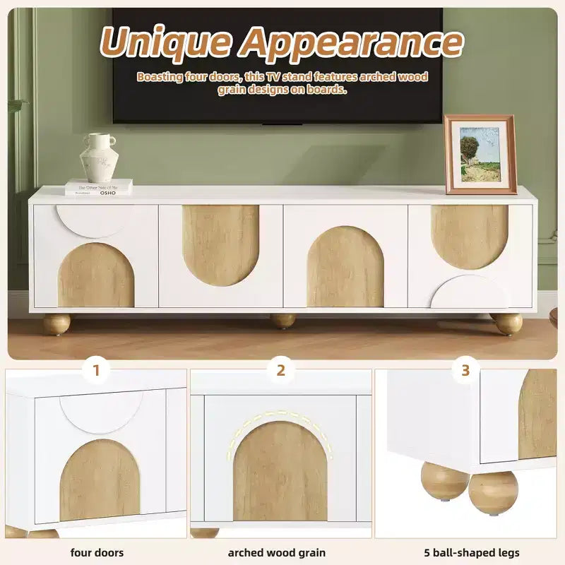 69-inch Farmhouse-Style TV Stand with Recoil Mechanism Accommodates TVs up to 75 inches 5 Solid Wood Legs Ideal for Living Rooms White