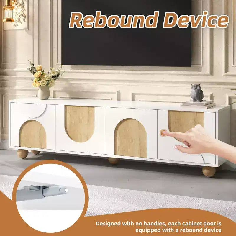 69-inch Farmhouse-Style TV Stand with Recoil Mechanism Accommodates TVs up to 75 inches 5 Solid Wood Legs Ideal for Living Rooms White