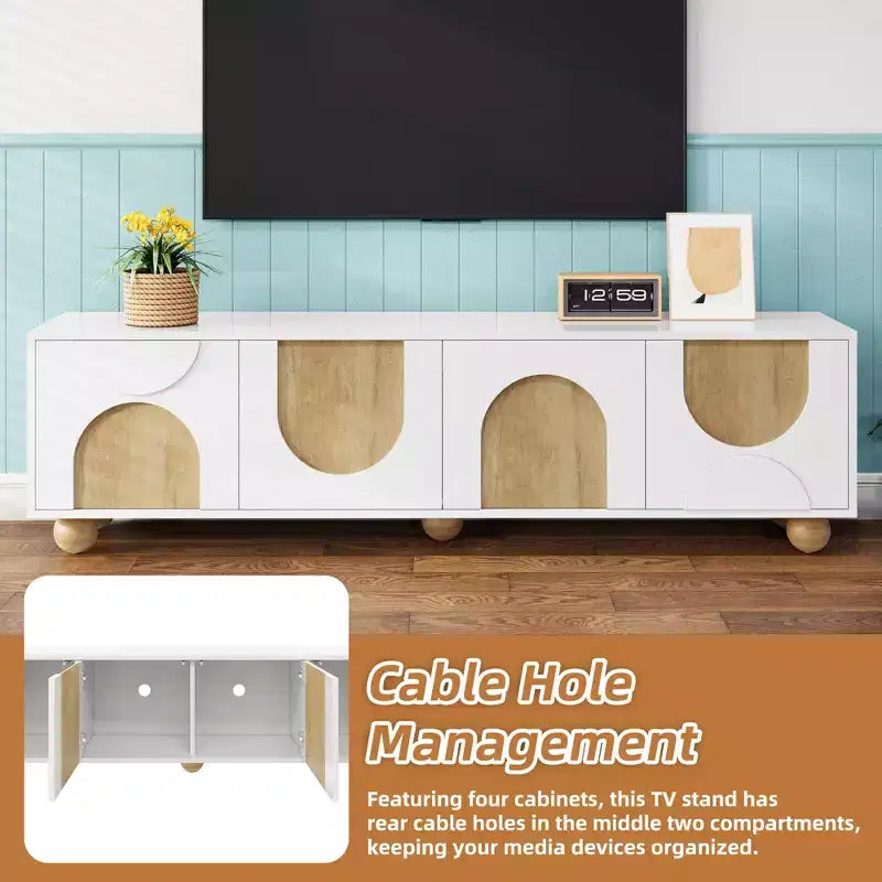 69-inch Farmhouse-Style TV Stand with Recoil Mechanism Accommodates TVs up to 75 inches 5 Solid Wood Legs Ideal for Living Rooms White