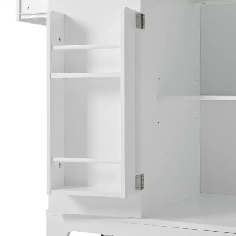 5-Tier Grooved Kitchen Island with Trash Bin Storage Cabinet, Built-in Outlet Shelving, 3 Drawers, 3 Open Side Racks, White