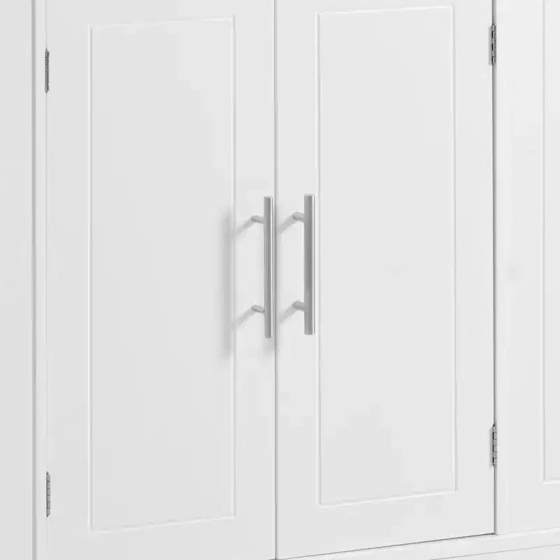 5-Tier Grooved Kitchen Island with Trash Bin Storage Cabinet, Built-in Outlet Shelving, 3 Drawers, 3 Open Side Racks, White