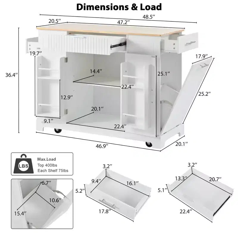 5-Tier Grooved Kitchen Island with Trash Bin Storage Cabinet, Built-in Outlet Shelving, 3 Drawers, 3 Open Side Racks, White