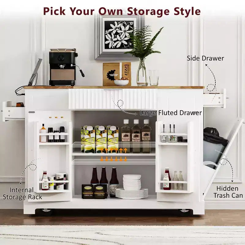 5-Tier Grooved Kitchen Island with Trash Bin Storage Cabinet, Built-in Outlet Shelving, 3 Drawers, 3 Open Side Racks, White