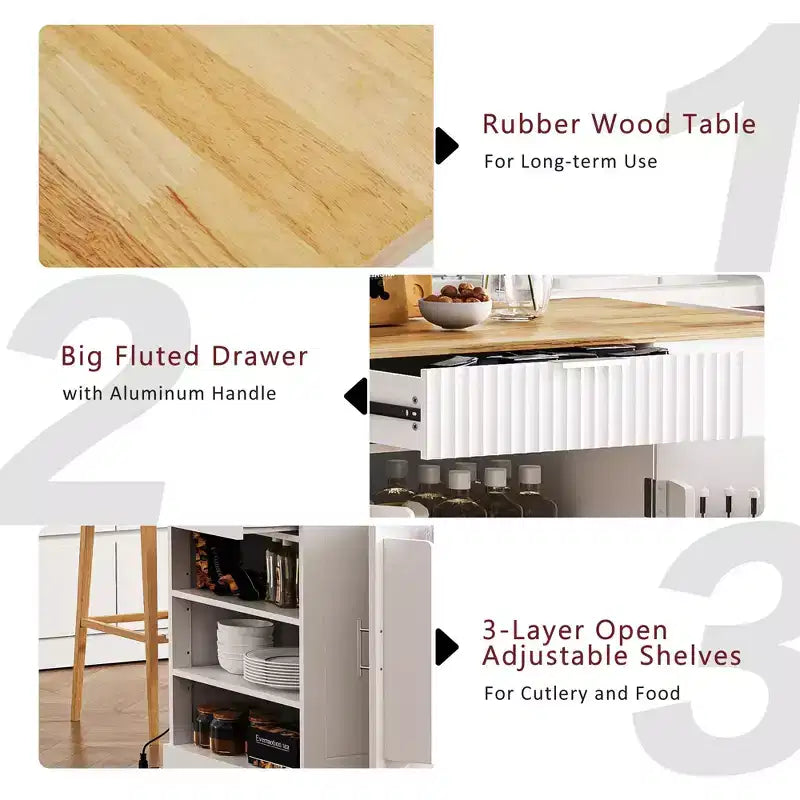 5-Tier Grooved Kitchen Island with Trash Bin Storage Cabinet, Built-in Outlet Shelving, 3 Drawers, 3 Open Side Racks, White