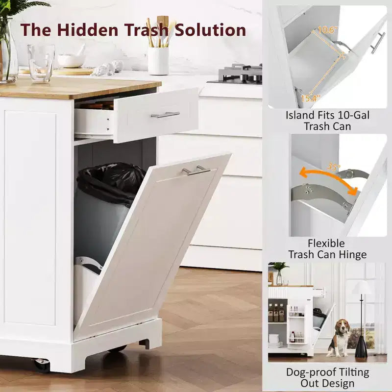 5-Tier Grooved Kitchen Island with Trash Bin Storage Cabinet, Built-in Outlet Shelving, 3 Drawers, 3 Open Side Racks, White