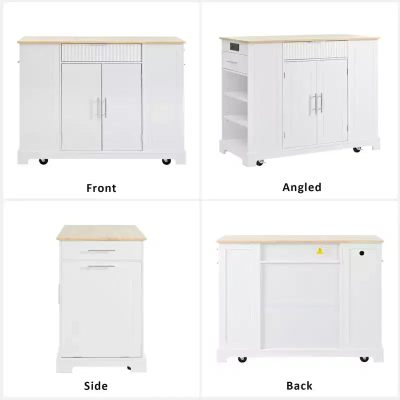 5-Tier Grooved Kitchen Island with Trash Bin Storage Cabinet, Built-in Outlet Shelving, 3 Drawers, 3 Open Side Racks, White