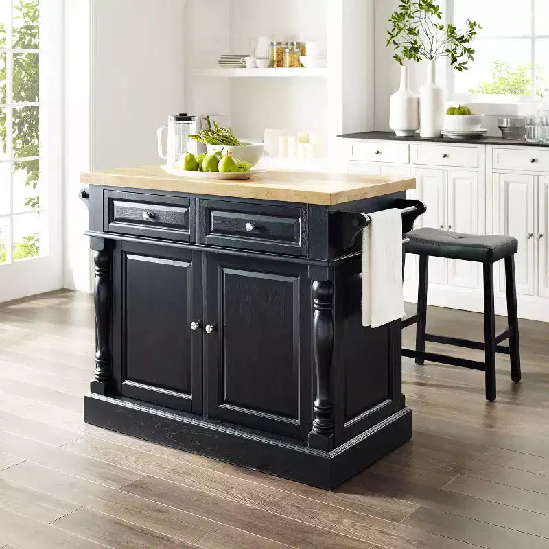 Oxford Kitchen Island with 2 Upholstered Saddle Stools Black - : Pass-Through Storage, Towel Bars, Wood Veneer