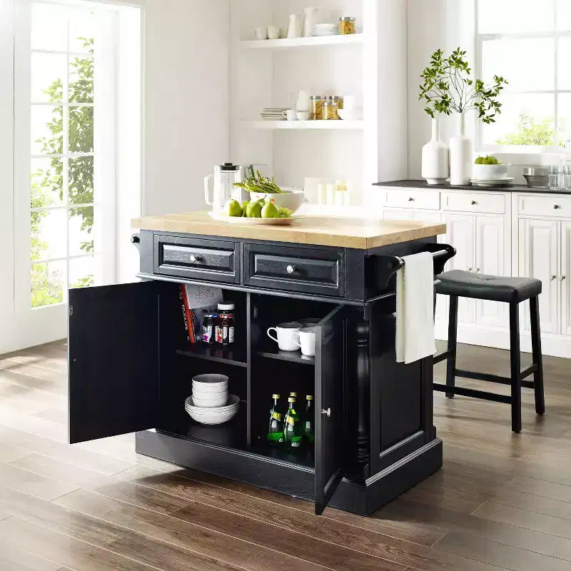 Oxford Kitchen Island with 2 Upholstered Saddle Stools Black - : Pass-Through Storage, Towel Bars, Wood Veneer