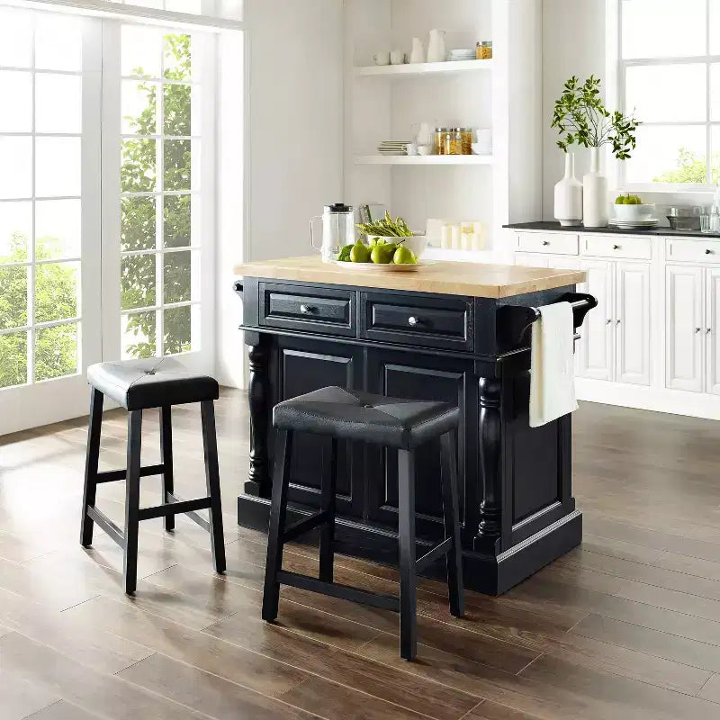 Oxford Kitchen Island with 2 Upholstered Saddle Stools Black - : Pass-Through Storage, Towel Bars, Wood Veneer